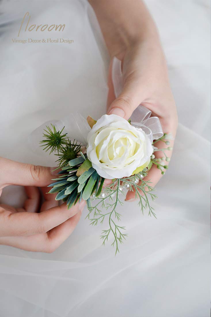 Floroom Ivory Rose Wrist Corsage Wristlet Band Bracelet and Men Boutonniere Set for White Wedding Flower Accessories Prom Suit Decorations - Image 4